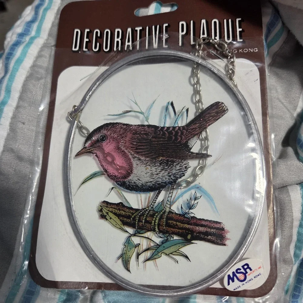 Vintage MSR Imports Bird Decorative Glass Plaque Suncatcher Pink Bird Ornament